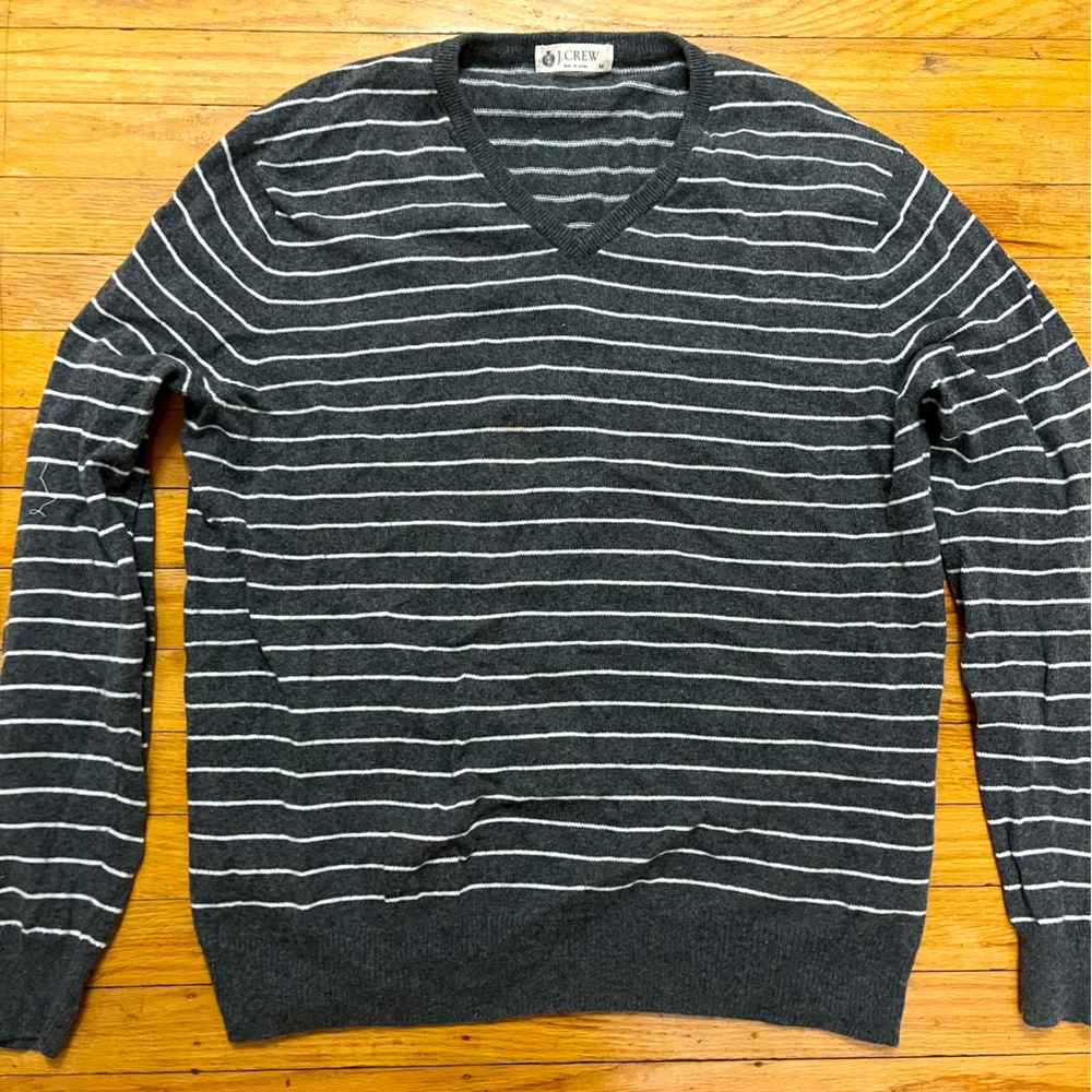 J. Crew striped v-neck sweater gray/white cotton cashmere size medium